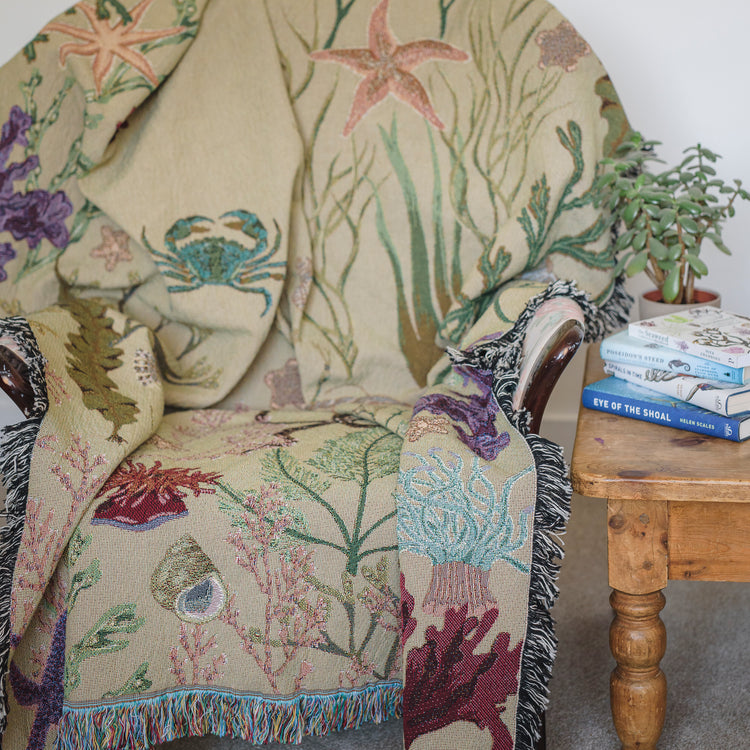 Seaside blanket with crabs, starfish and seaweed on a chair