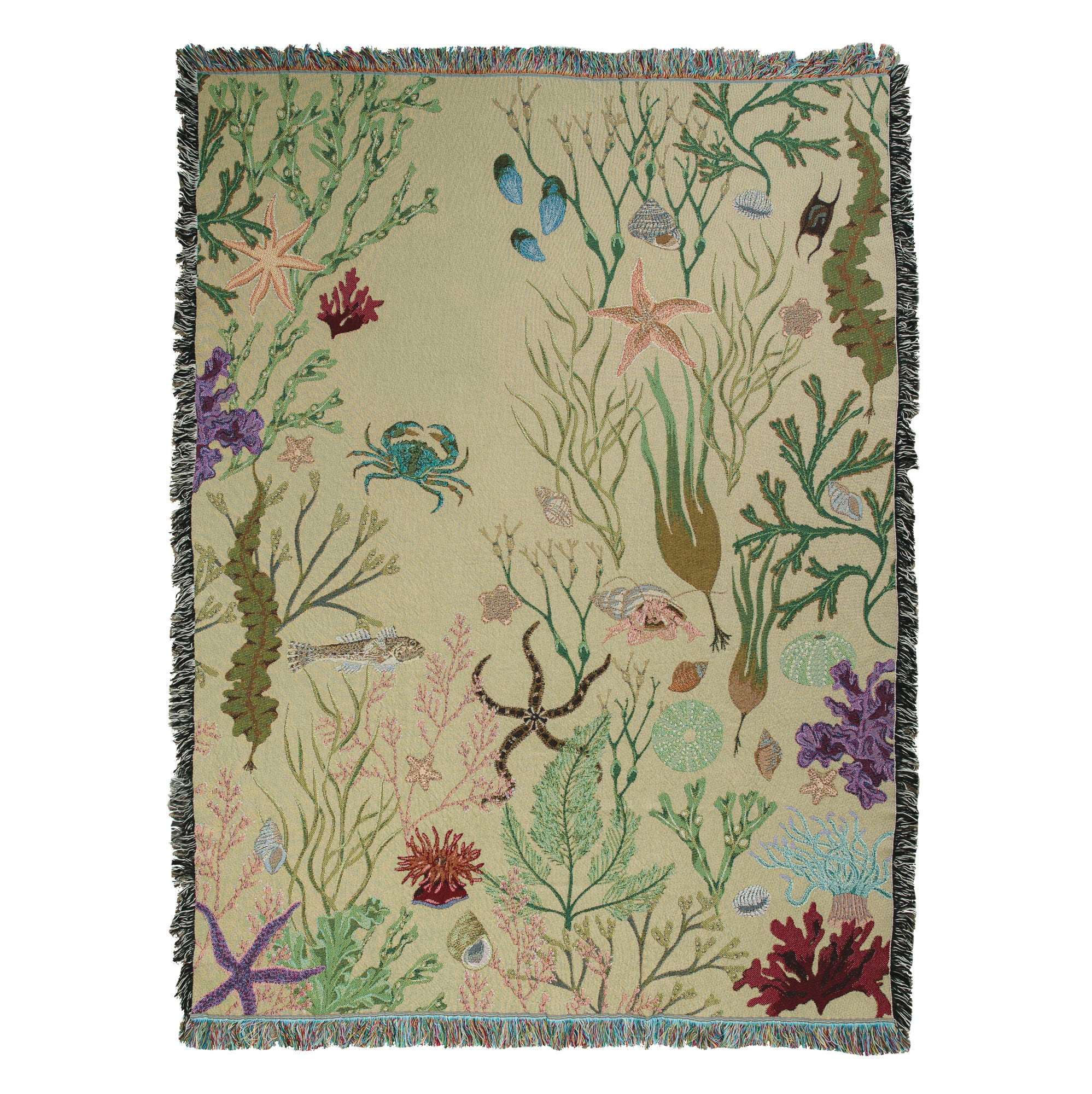 an &quot;Intertidal Sand blanket&quot; by Arcana with crabs, starfish and seaweed on it.