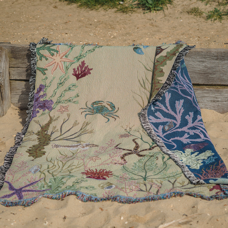 an Arcana Intertidal Sand blanket with sea creatures on it.