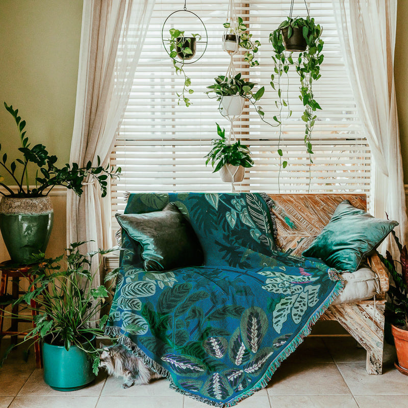 Teal and green woven blanket featuring houseplants in a airy living room with house plants all around