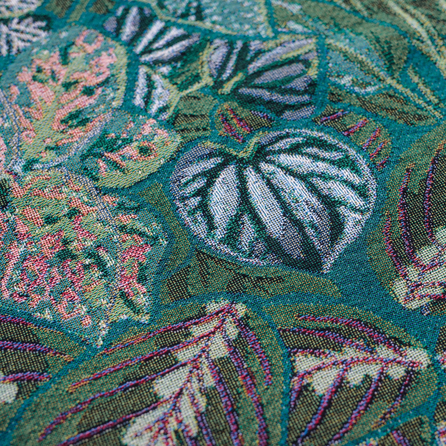 stunning detail of woven wrap blanket with fringe featuring lots of different houseplants
